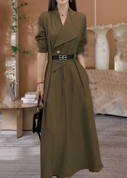 Green V Neck Waist Sashes Cotton Long Dresses Fall Rf013