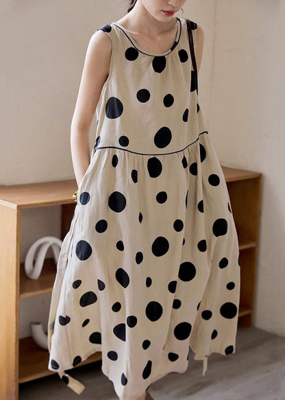 Tie Pockets Waist Long Dress Cotton Dot Sleeveless Khaki