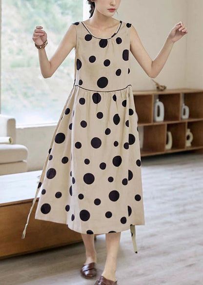 Tie Pockets Waist Long Dress Cotton Dot Sleeveless Khaki