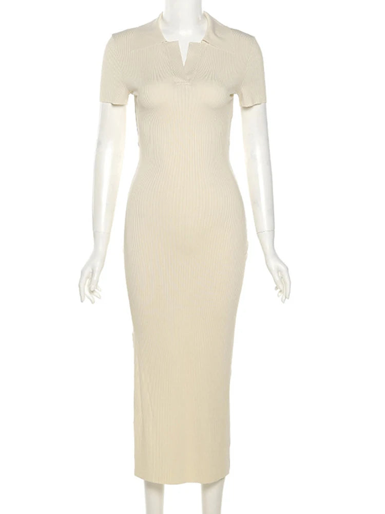 Knitted Short Sleeve Backless Stretch Midi Dresses