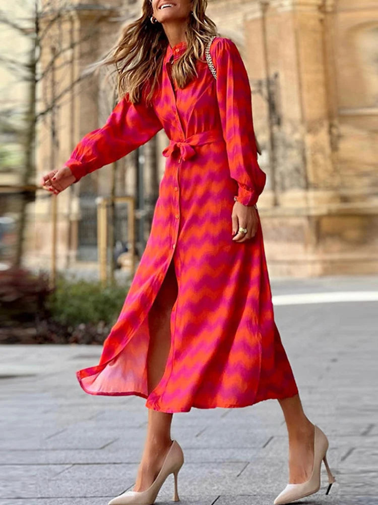 Lady Tie Dye Ruffled Lace Up Waist V-neck Maxi Dress