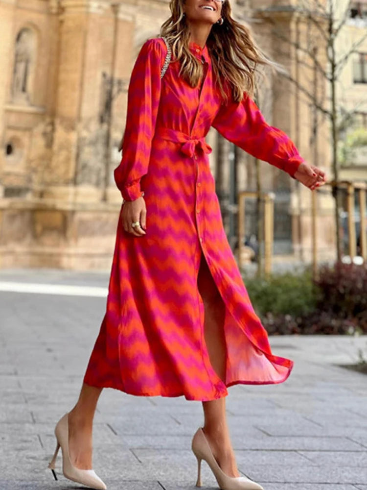 Lady Tie Dye Ruffled Lace Up Waist V-neck Maxi Dress