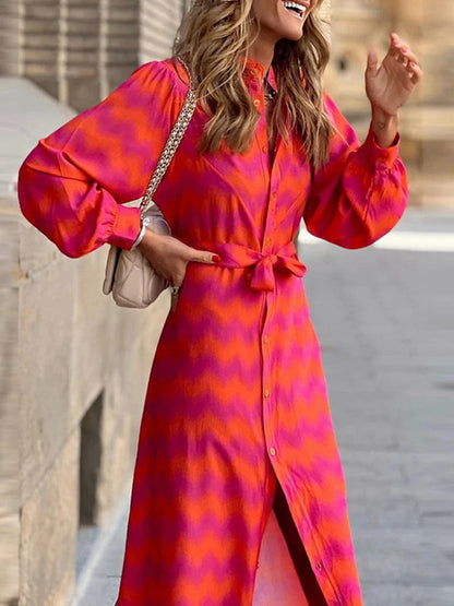 Lady Tie Dye Ruffled Lace Up Waist V-neck Maxi Dress