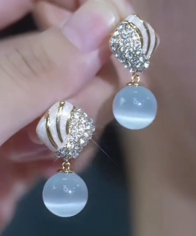 Light Blue Alloy Zircon Cat's Eye Stone Drop Glaze Drop Earrings