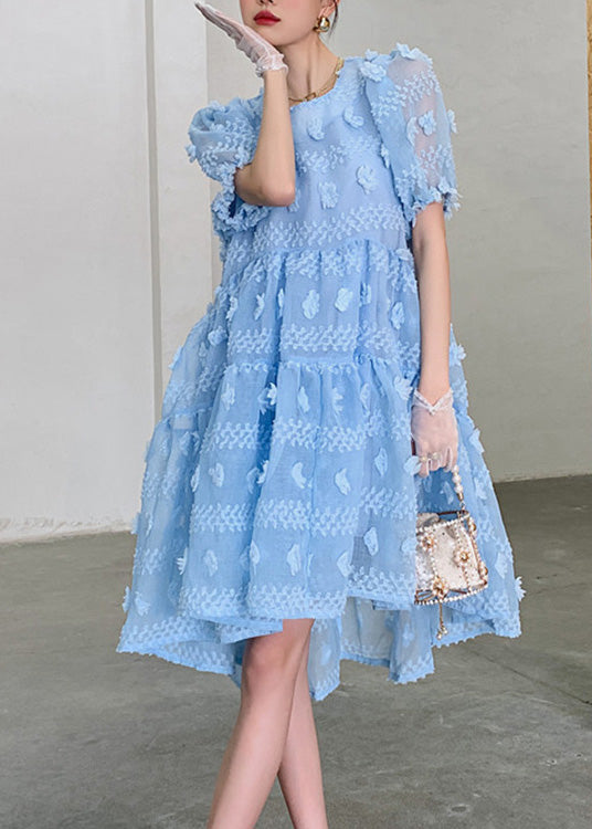 Light Blue O-neck Zippered Long Dresses Puff Sleeve Ly0751