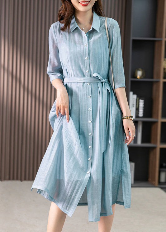Light Blue Peter Pan Collar Tie Waist Linen Maxi Dresses Summer Ly1744