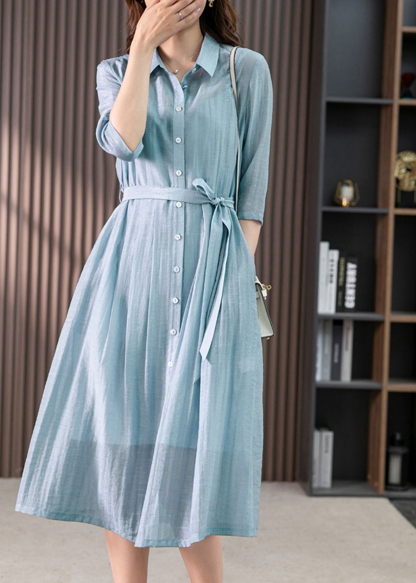 Light Blue Peter Pan Collar Tie Waist Linen Maxi Dresses Summer Ly1744