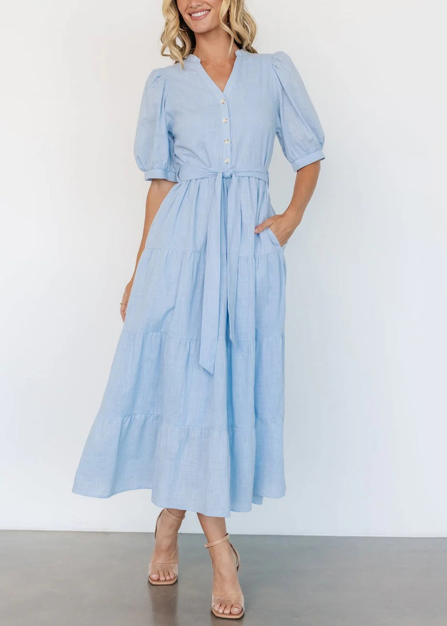 Light Blue V Neck Pockets Cotton Long Dress Summer Au1005