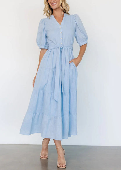 Light Blue V Neck Pockets Cotton Long Dress Summer Au1005