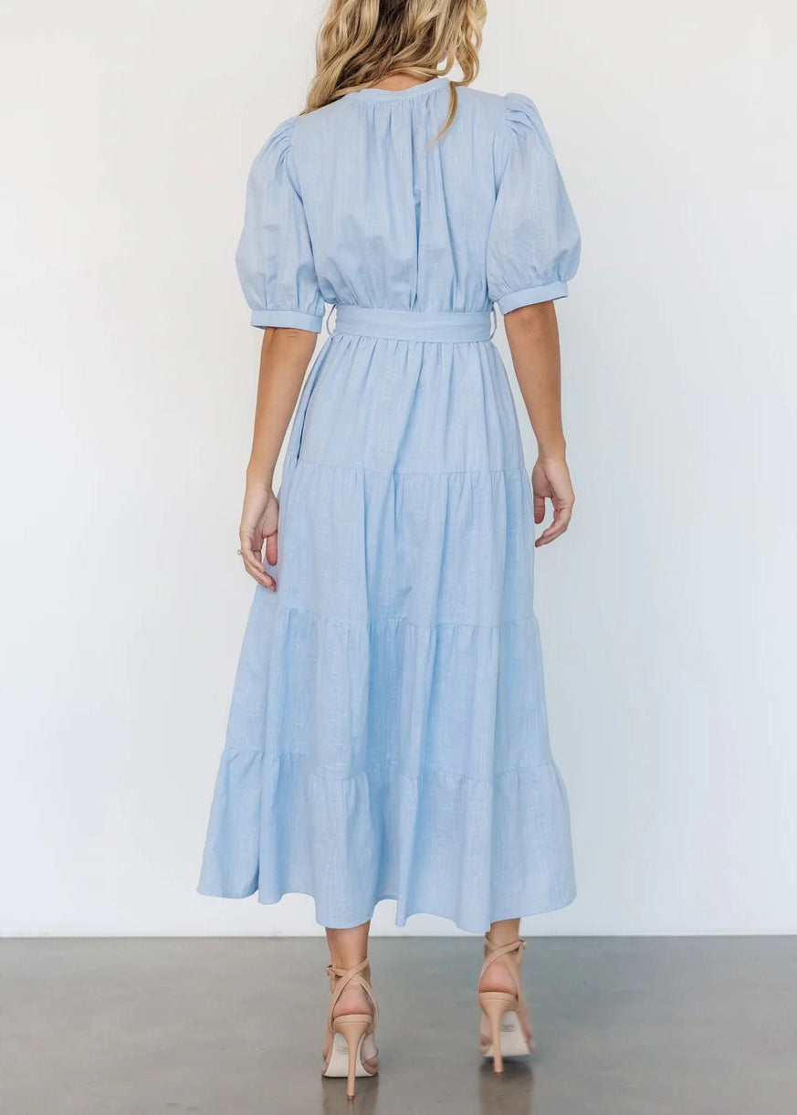 Light Blue V Neck Pockets Cotton Long Dress Summer Au1005