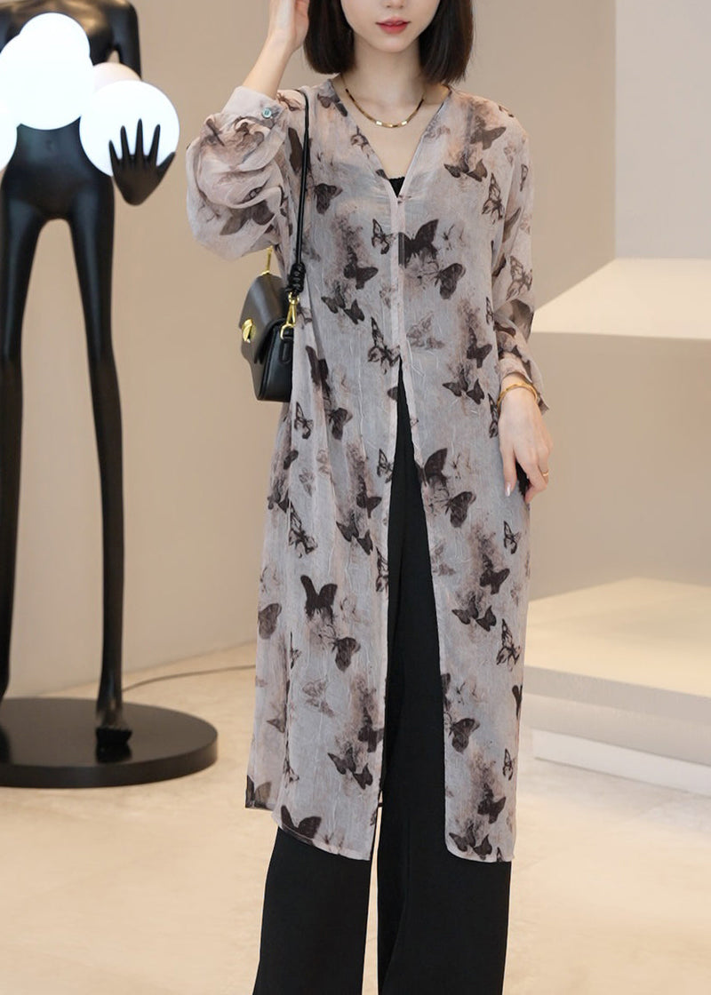 Light Brown V Neck Print Long Cardigan Summer Uu1002