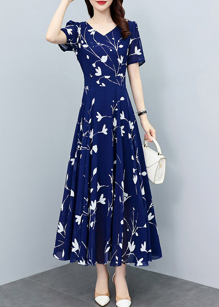 Navy Blue V Neck Print Slim Chiffon Maxi Dresses Summer Ly1706
