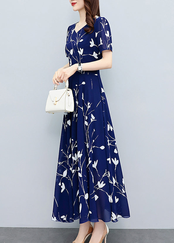 Navy Blue V Neck Print Slim Chiffon Maxi Dresses Summer Ly1706