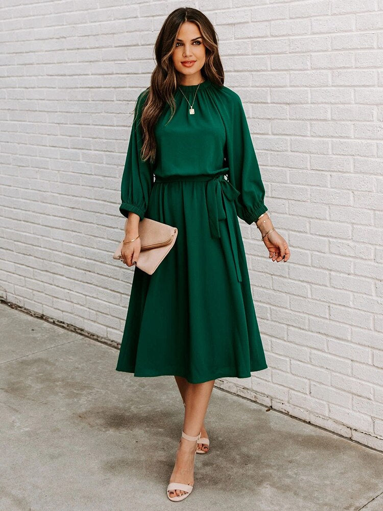 Office Dress Formal Loose Green Long Sleeve Belt A-line Midi Dresses