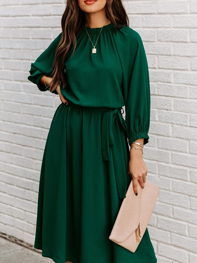 Office Dress Formal Loose Green Long Sleeve Belt A-line Midi Dresses