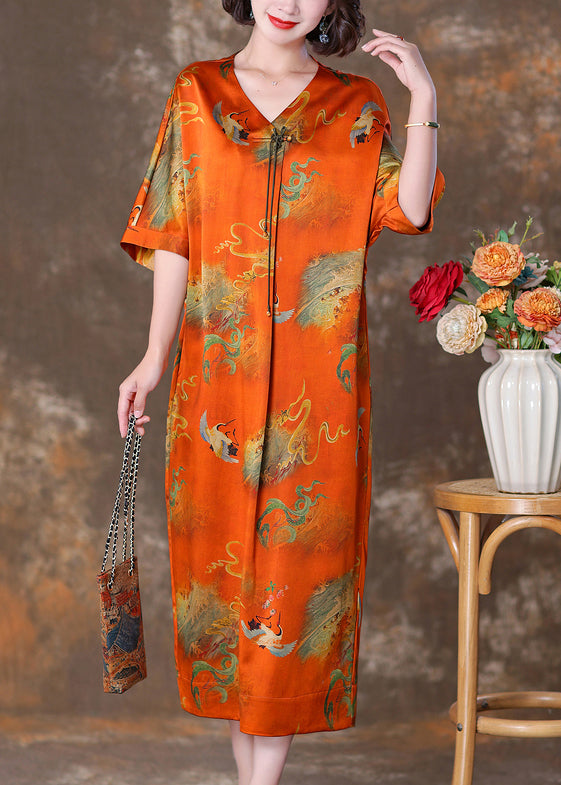 Orange V Neck Button Print Silk Long Dresses Summer Op1070