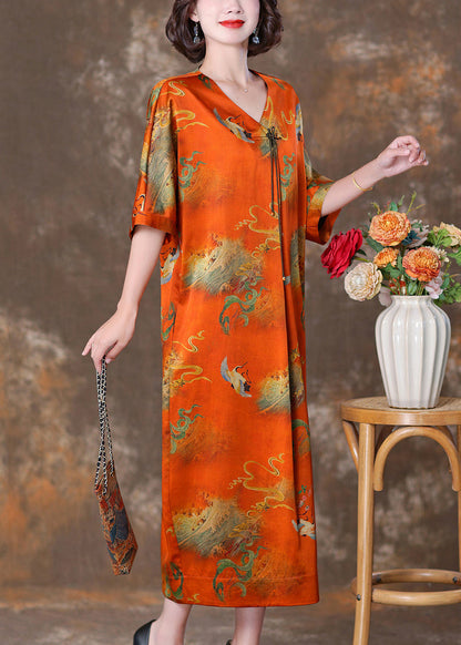 Orange V Neck Button Print Silk Long Dresses Summer Op1070