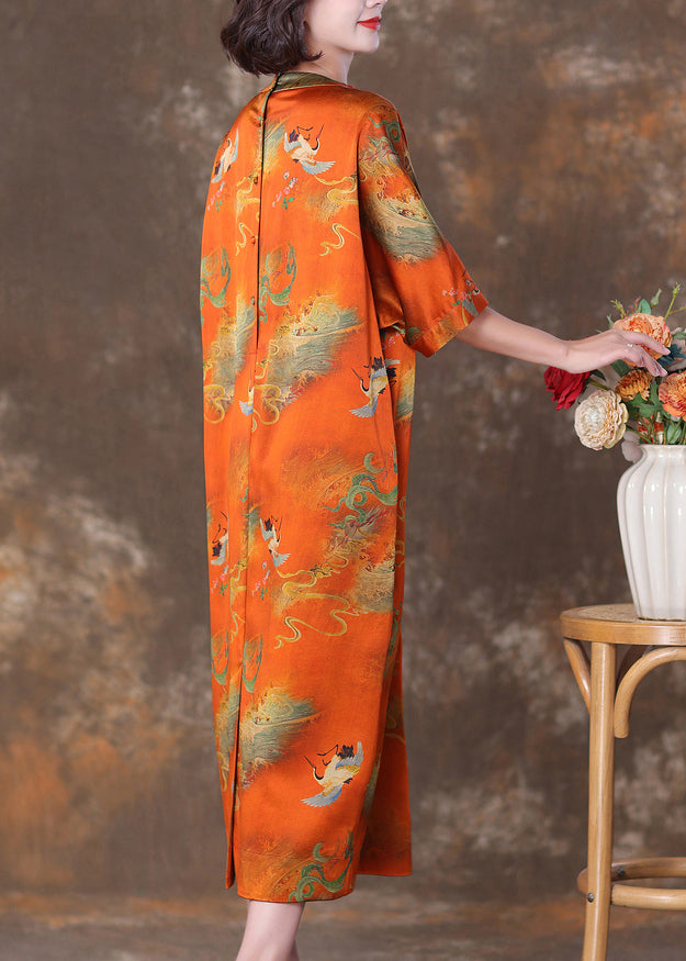 Orange V Neck Button Print Silk Long Dresses Summer Op1070