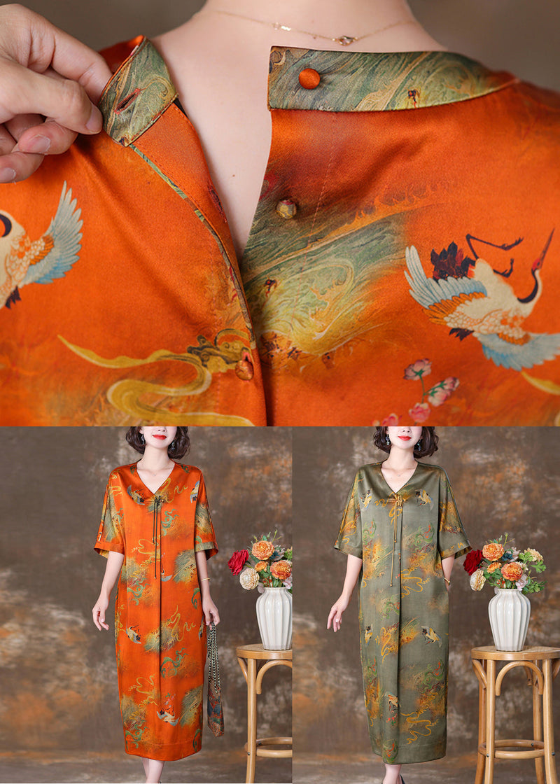 Orange V Neck Button Print Silk Long Dresses Summer Op1070
