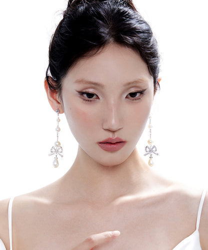Pearl Bow Silver Long Drop Earrings Earrings