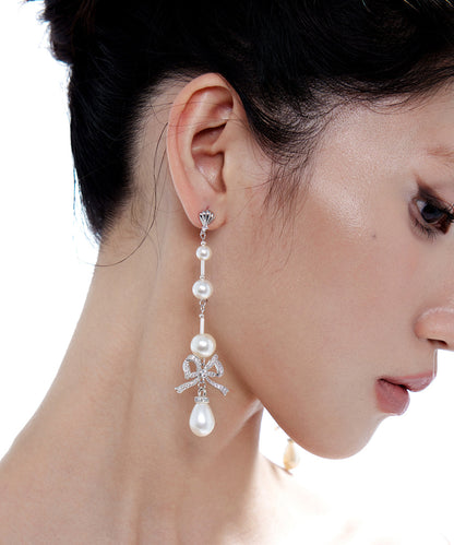 Pearl Bow Silver Long Drop Earrings Earrings