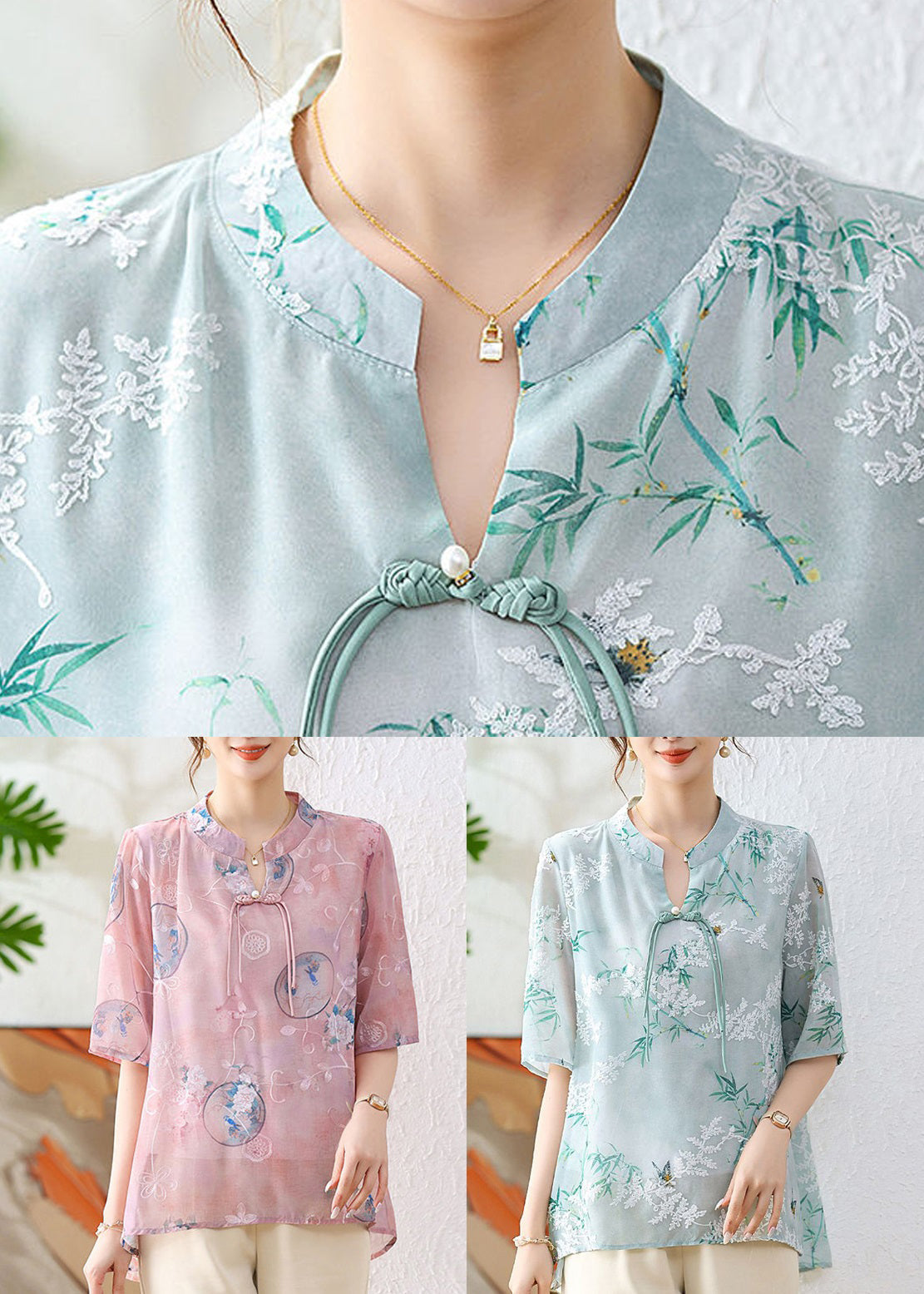 Green Print Chiffon Blouses Stand Collar Half Sleeve Au1067