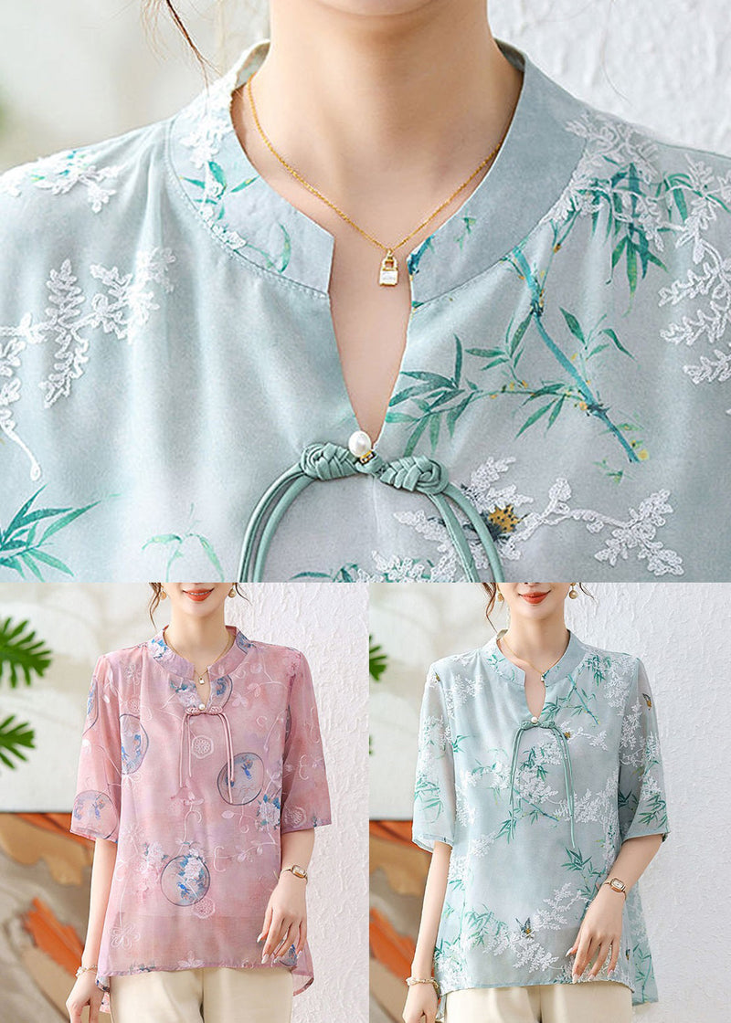 Green Print Chiffon Blouses Stand Collar Half Sleeve Au1067