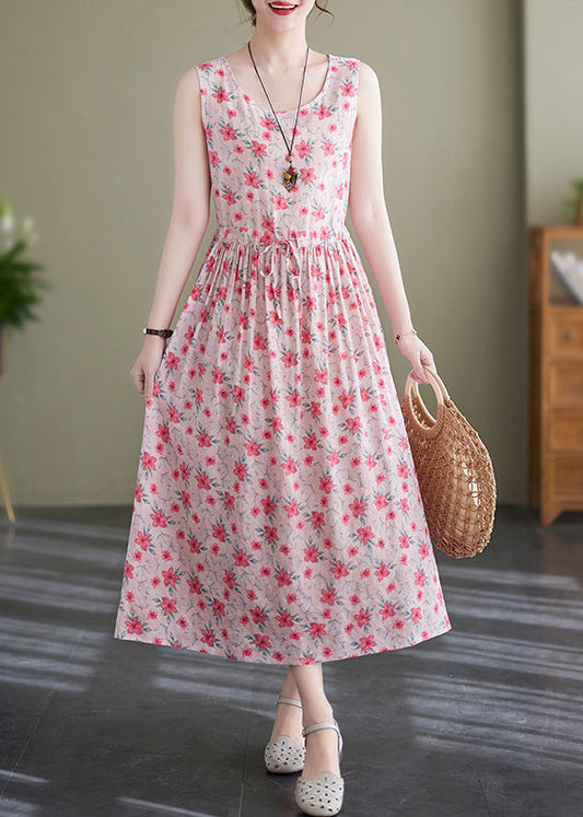 Pink Lace Up Wrinkled Print Cotton Long Dress Sleeveless Jh036