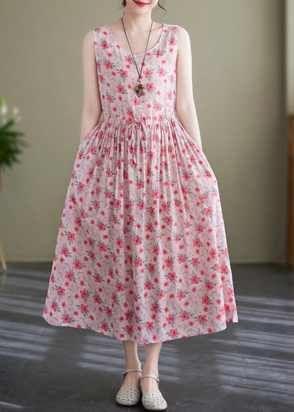 Pink Lace Up Wrinkled Print Cotton Long Dress Sleeveless Jh036