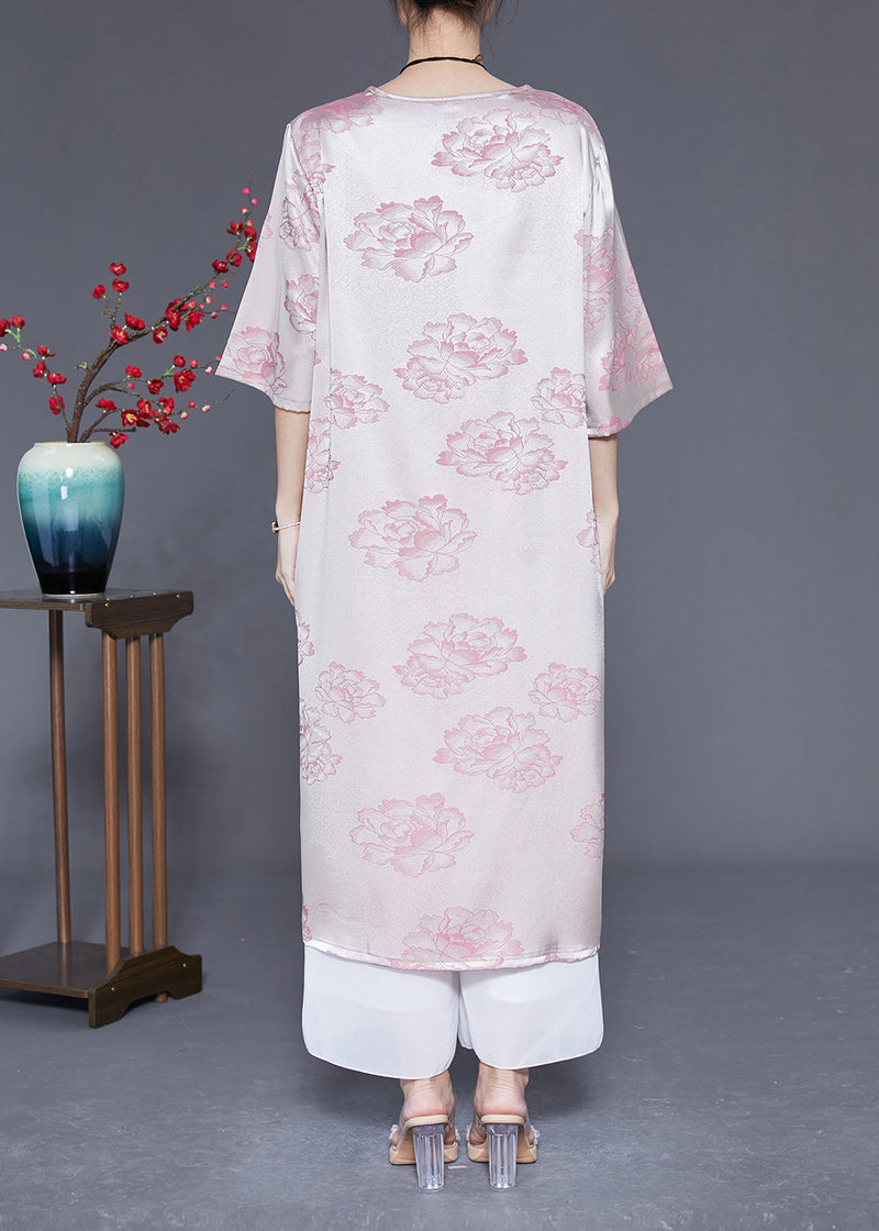 Pink O-neck Print Tassel Silk Long Dress Half Sleeve Ly1832