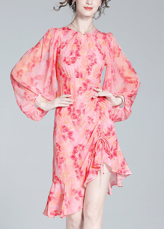 Pink O-neck Print Tunic Slim Vacation Long Dresses Lantern Sleeve Ac3037