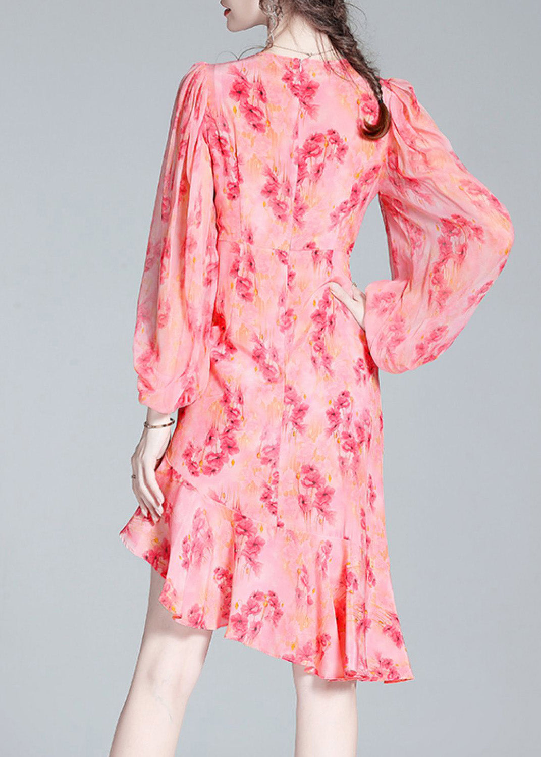 Pink O-neck Print Tunic Slim Vacation Long Dresses Lantern Sleeve Ac3037