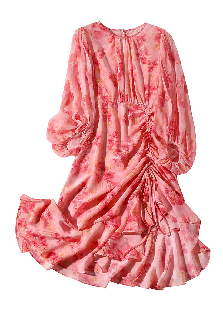 Pink O-neck Print Tunic Slim Vacation Long Dresses Lantern Sleeve Ac3037