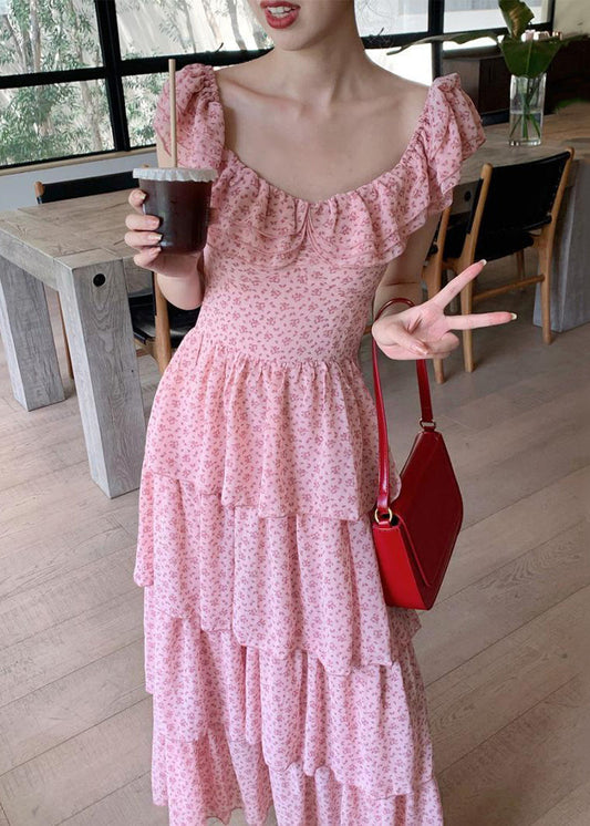 Pink Ruffled Print Chiffon Long Dress Summer Xx044