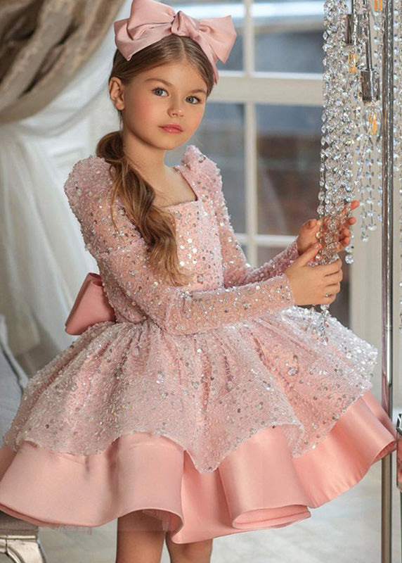 Pink Square Collar Bow Sequins Tulle Maxi Dresses Spring Ys038