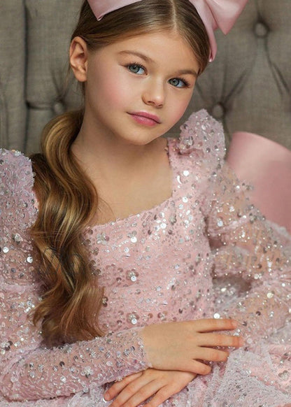 Pink Square Collar Bow Sequins Tulle Maxi Dresses Spring Ys038