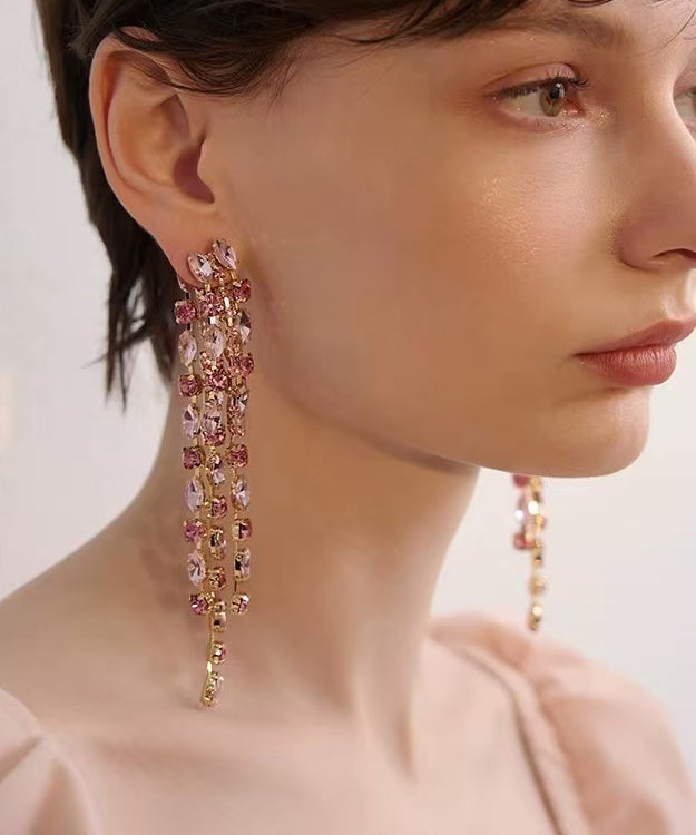 Pink Tasseled Waterfall Zircon Drop Earrings