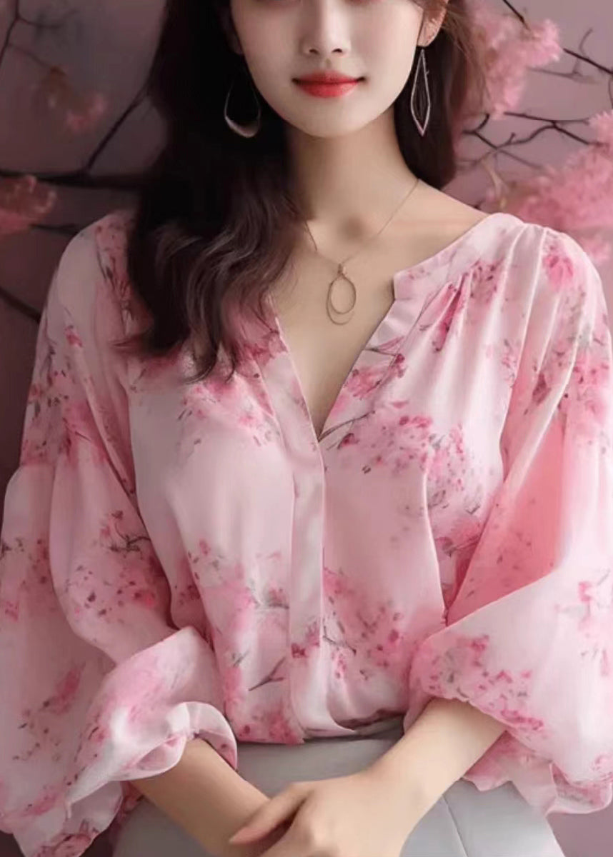 Pink V Neck Print Chiffon Blouses Bracelet Sleeve Kj018