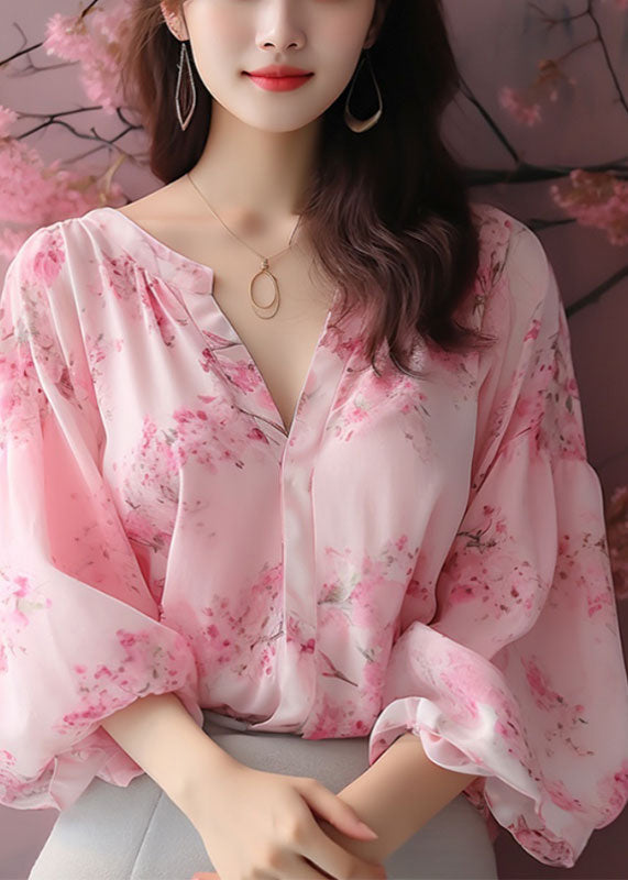 Pink V Neck Print Chiffon Blouses Bracelet Sleeve Kj018
