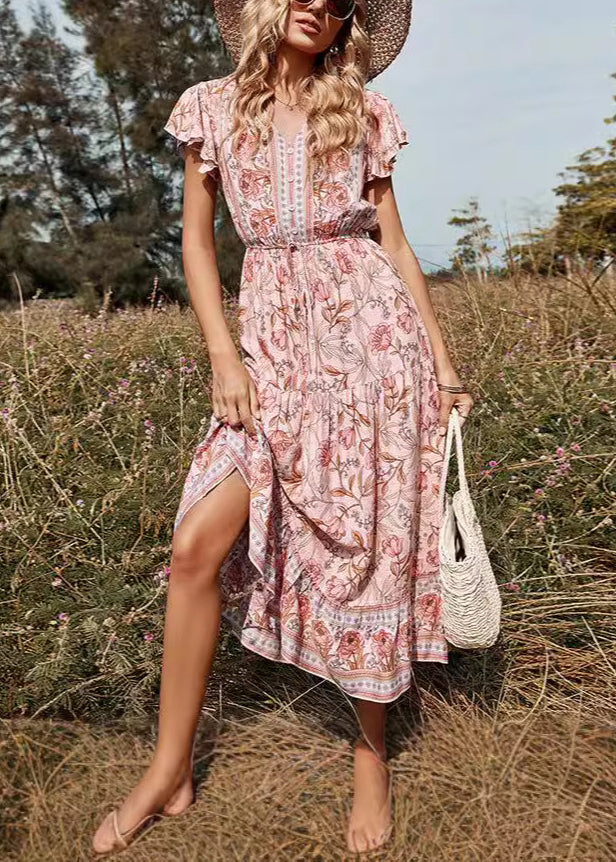 Pink V Neck Print High Waist Long Dresses Summer Au1033