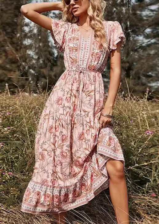 Pink V Neck Print High Waist Long Dresses Summer Au1033