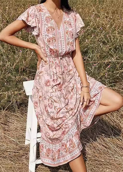 Pink V Neck Print High Waist Long Dresses Summer Au1033