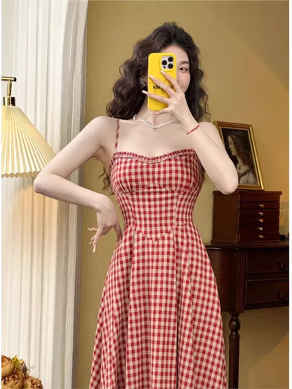Plaid Midi Dress French Spaghetti Strap A-line Spring Summer Holiday Beach Style Prom Robe Vestidos Mujer