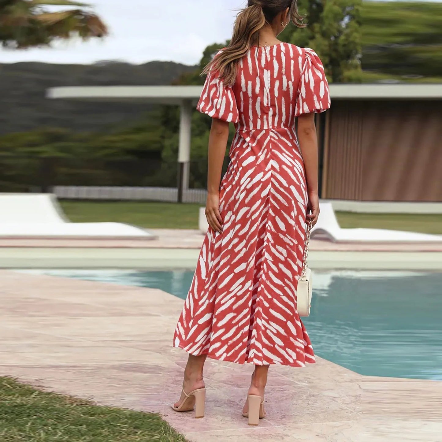 Stripe Print V-neck Puff Sleeve Midi Dress