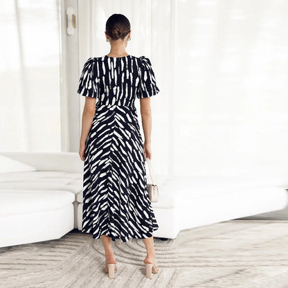 Stripe Print V-neck Puff Sleeve Midi Dress