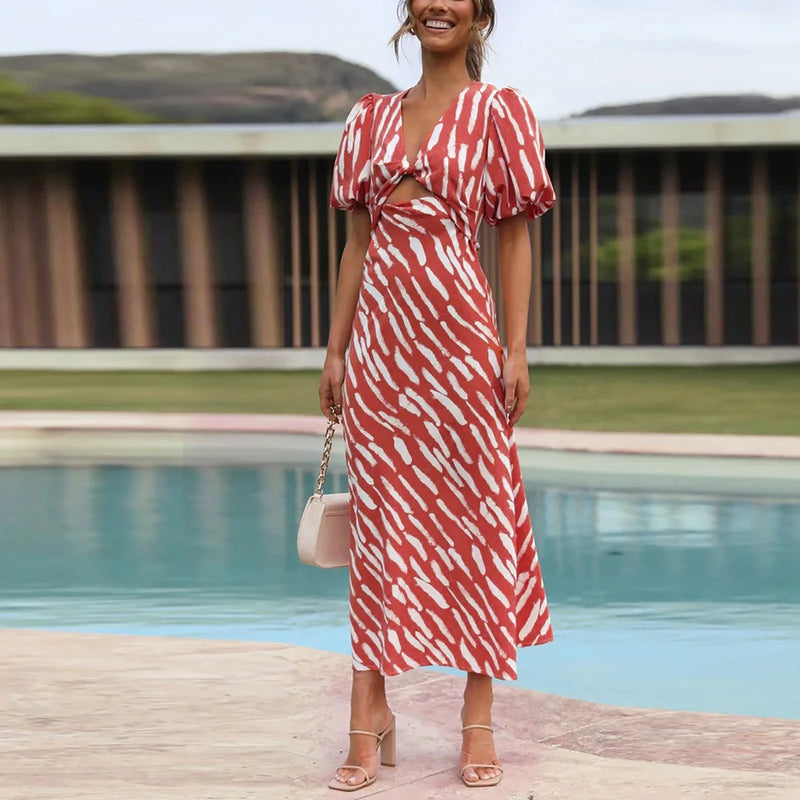 Stripe Print V-neck Puff Sleeve Midi Dress