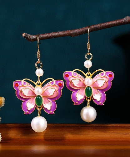 Purple Copper Overgild Acrylic Pearl Butterfly Drop Earrings
