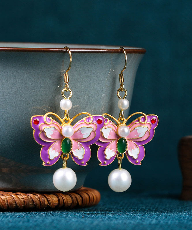 Purple Copper Overgild Acrylic Pearl Butterfly Drop Earrings
