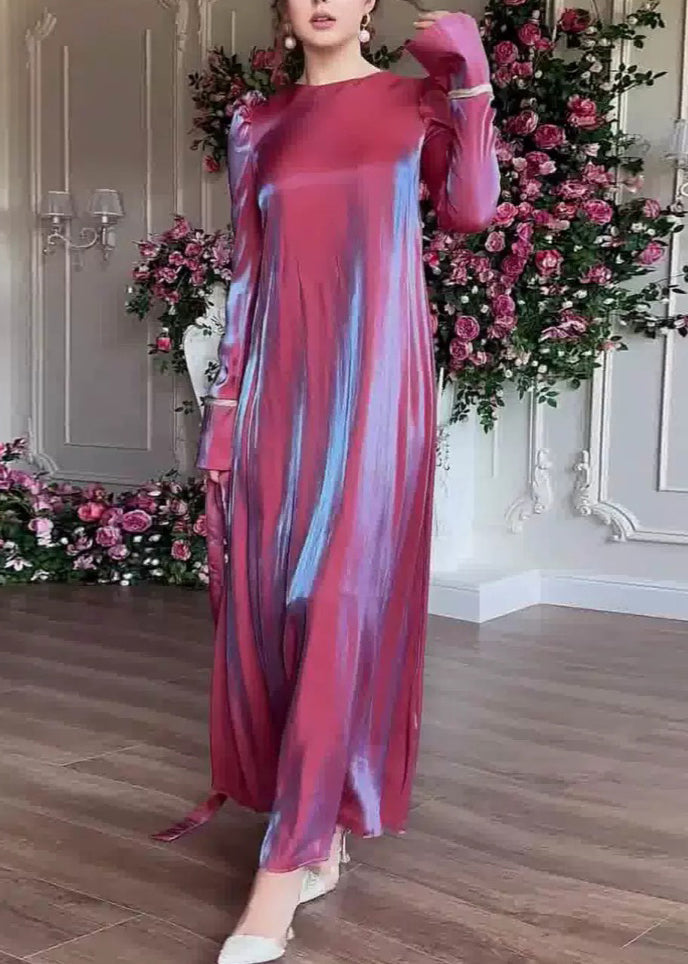 Purple O Neck Silk Maxi Dress Fall Wo050