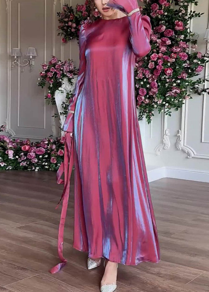 Purple O Neck Silk Maxi Dress Fall Wo050